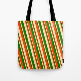[ Thumbnail: Red, Tan, and Green Colored Striped Pattern Tote Bag ]