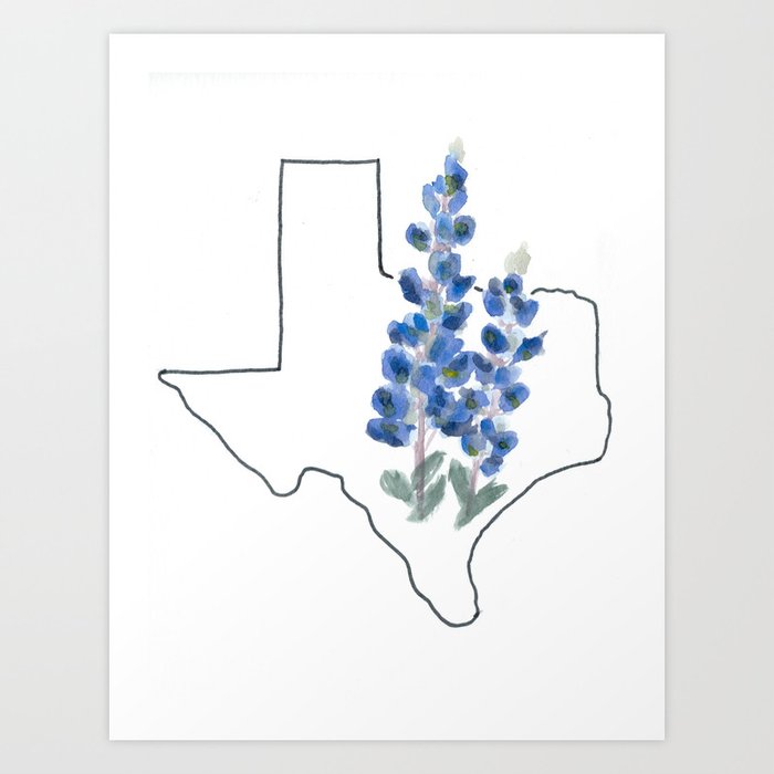 Texas Watercolor Bluebonnet State Flower Map Art Print By