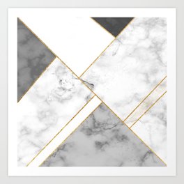 White, Grey and Gold Marble Art Print