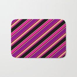 [ Thumbnail: Purple, Deep Pink, Black & Light Salmon Colored Striped Pattern Bath Mat ]