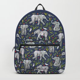Baby Elephants and Egrets in Watercolor - navy blue Backpack