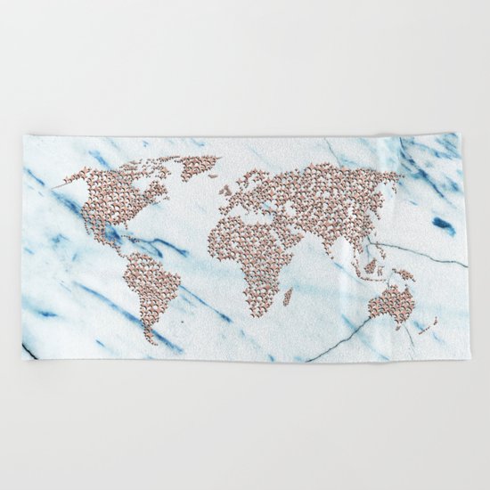 Rosegold Stars on Blue Marble World Map Beach Towel