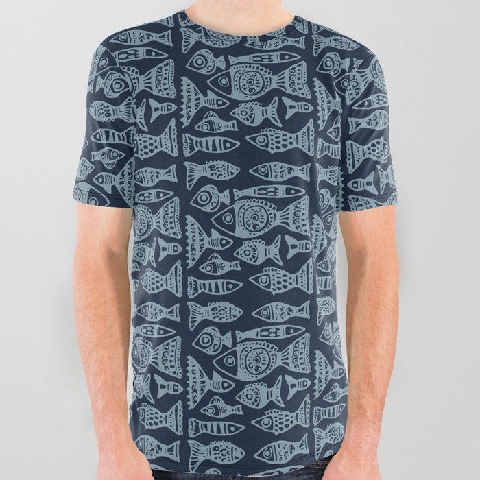 Lace Fish Blue&Light Blue All Over Graphic Tee