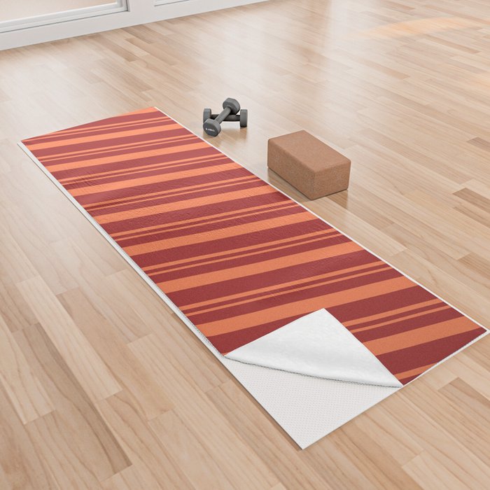 Brown and Coral Colored Pattern of Stripes Yoga Towel