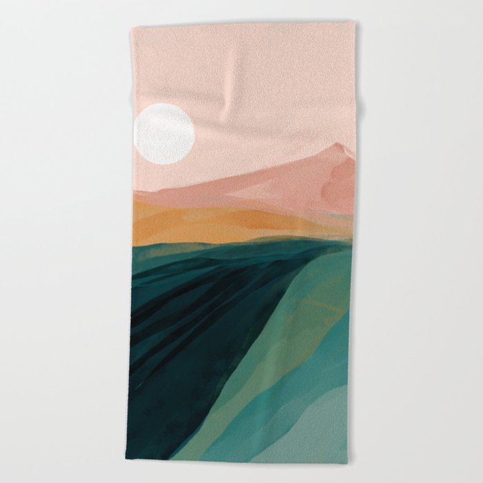 pink, green, gold moon watercolor mountains Beach Towel