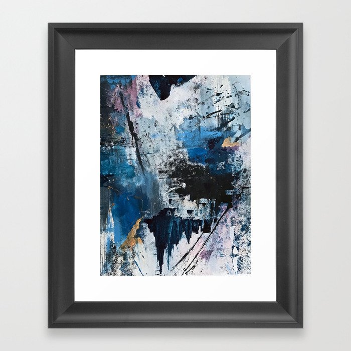 Breathe: colorful abstract in black, blue, purple, gold and white Framed Art Print