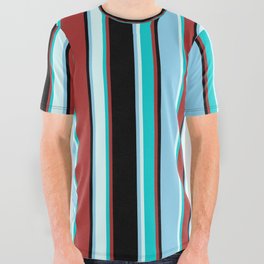 [ Thumbnail: Brown, Dark Turquoise, Light Cyan, Sky Blue, and Black Colored Lines/Stripes Pattern All Over Graphic Tee ]