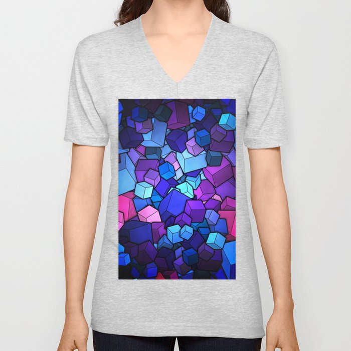 Assorted Color Cube Geometry 3D V Neck T Shirt