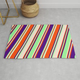 [ Thumbnail: Green, Beige, Red & Indigo Colored Stripes Pattern Rug ]