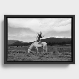 Wild horses couldn't take you from me; young woman on a white horse throwing her hair black wilderness black and white photograph - photography - photographs Framed Canvas