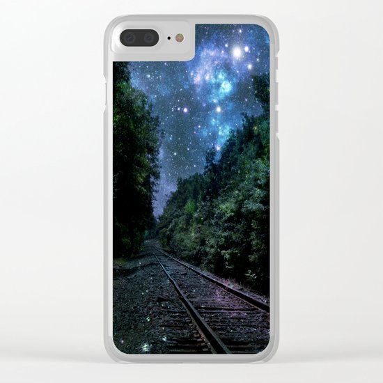 Train Tracks : Next Stop Anywhere Blue Side View Clear iPhone Case
