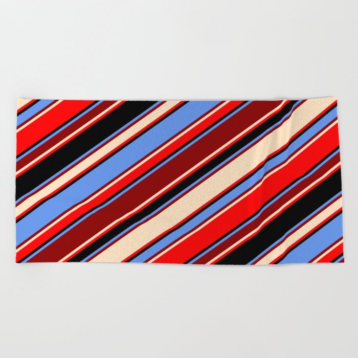 Cornflower Blue, Dark Red, Bisque, Red & Black Colored Stripes Pattern Beach Towel