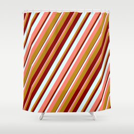 [ Thumbnail: Dark Red, Light Cyan, Salmon, and Dark Goldenrod Colored Lined Pattern Shower Curtain ]