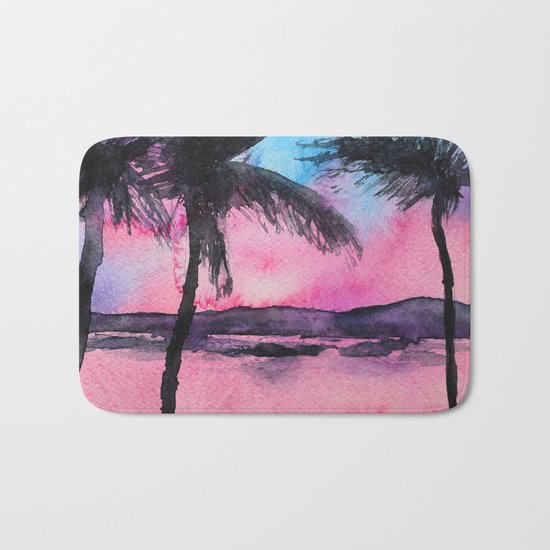 Tropical sunset || watercolor Bath Mat