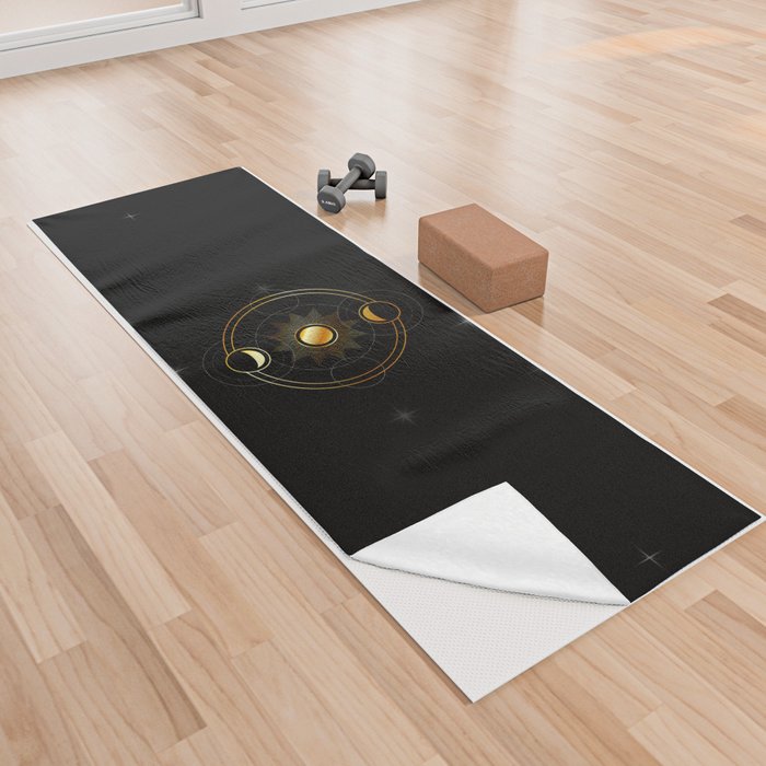 Sun and waxing and waning golden moons in space Yoga Towel