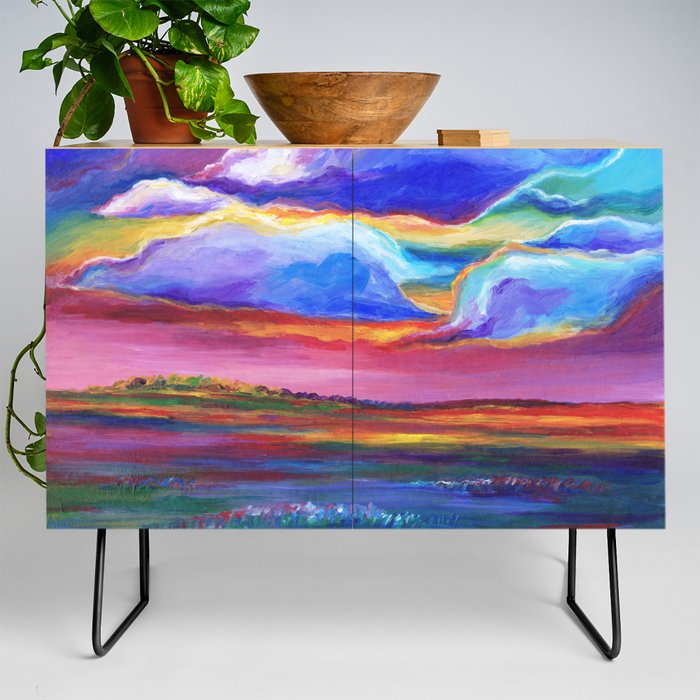 Colorful Sunset Landscape Painting Credenza