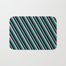 [ Thumbnail: Pink, Teal, and Black Colored Lined/Striped Pattern Bath Mat ]