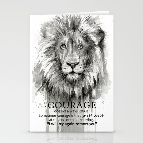 Lion Courage Motivational Quote Watercolor Painting Stationery Cards
