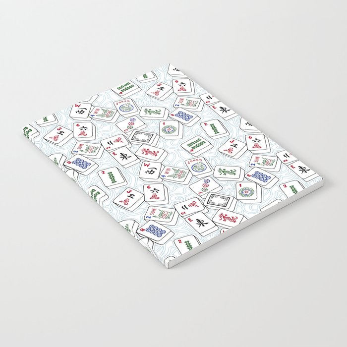 Mahjong Tiles Jumbled Across White Background With Swirls Notebook