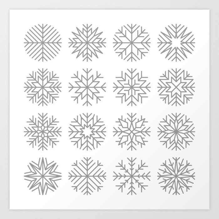 minimalist snow flakes Art Print | Drawing, Black-white, Nature, Pattern, Digital, Minimal, Minimalist, Shape, Circular, Round