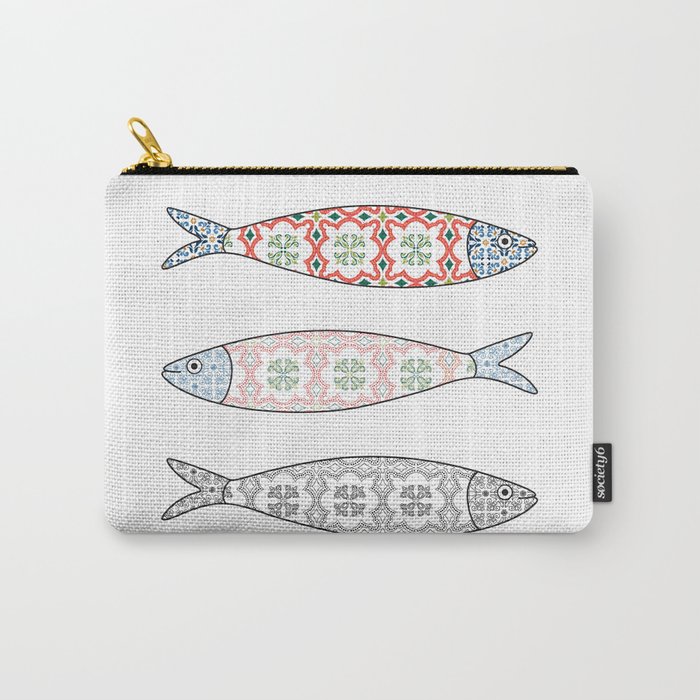 Traditional Portuguese icon. Colored sardines with typical Portuguese tiles patterns. Vector illustr Carry-All Pouch