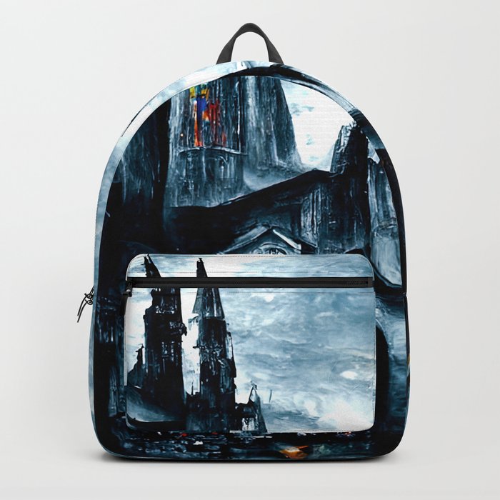 Medieval town in a Dark Fantasy world Backpack