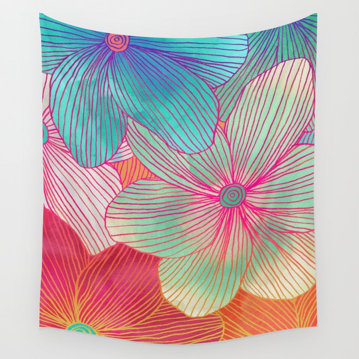 Between the Lines - tropical flowers in pink, orange, blue & mint Wall Tapestry