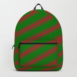 [ Thumbnail: Green and Brown Colored Stripes Pattern Backpack ]