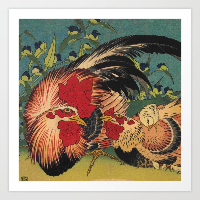 Hokusai, Rooster,Hen and Chicken with Spiderwort Art Print by oldking