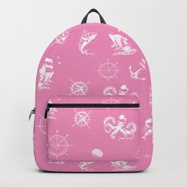Pink And White Silhouettes Of Vintage Nautical Pattern Backpack