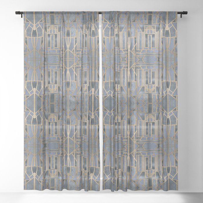 Blue And Copper Elegant Retro Art Deco Pattern With Marble Elements Sheer Curtain