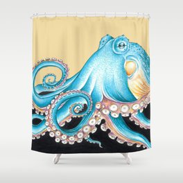 Blue Octopus on Yellow Ink Art Nautical Marine Shower Curtain