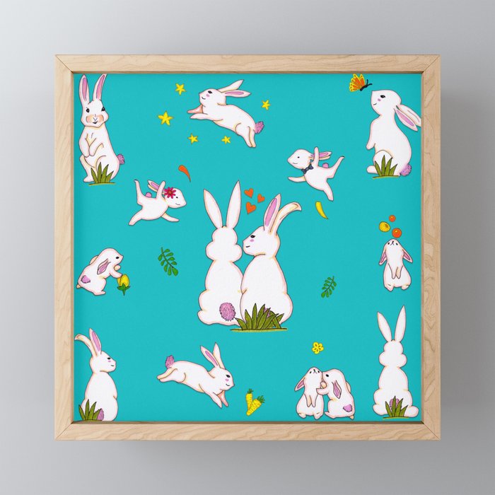 Enchanted Rabbit Family - Turquoise Aqua Framed Mini Art Print