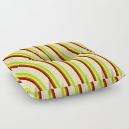 [ Thumbnail: Vibrant Maroon, Tan, Green, Yellow & Brown Colored Lined/Striped Pattern Floor Pillow ]