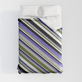 [ Thumbnail: Slate Blue, Grey, Dark Olive Green, Mint Cream, and Black Colored Stripes Pattern Comforter ]