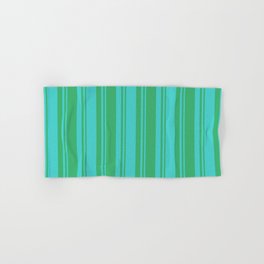 [ Thumbnail: Turquoise and Sea Green Colored Lined Pattern Hand & Bath Towel ]