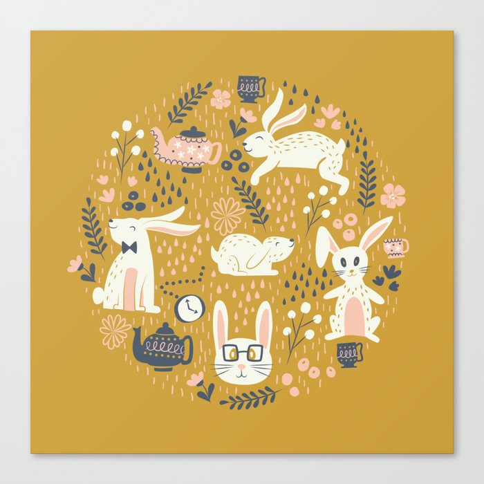 Bunnies + Teapots in Gold Canvas Print