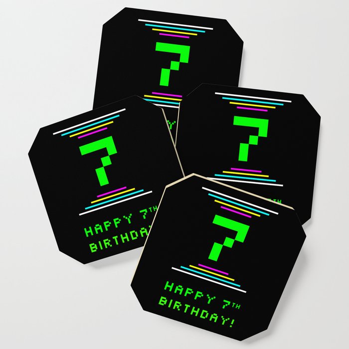7th Birthday - Nerdy Geeky Pixelated 8-Bit Computing Graphics Inspired Look Coaster