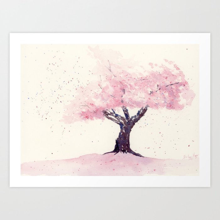 Spring in Pink , Cherry Blossm, Art Watercolor Painting by Suisai Genki  Art Print
