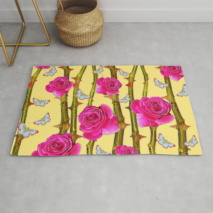 WHITE BUTTERFLIES & CERISE PINK ROSE THORN CANES YELLOW Rug