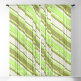 [ Thumbnail: Beige, Light Green & Green Colored Striped/Lined Pattern Sheer Curtain ]