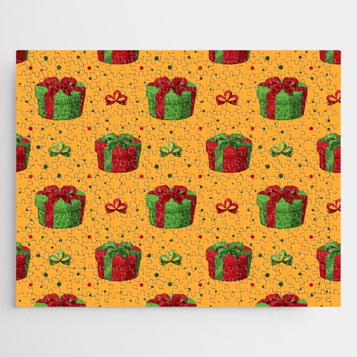 Christmas Pattern Yellow Green Gifts Bow Jigsaw Puzzle