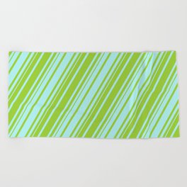 [ Thumbnail: Turquoise and Green Colored Lined Pattern Beach Towel ]