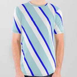 [ Thumbnail: Powder Blue, Blue & White Colored Pattern of Stripes All Over Graphic Tee ]