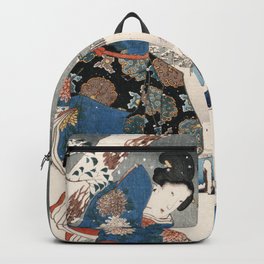 Japanese Vintage Kunisada Hiroshige Snowy Landscape Backpack | Graphicdesign, Ukiyo E, Nature, Landscape, Man, Broom, Snow, Color, Umbrella, Snowy 