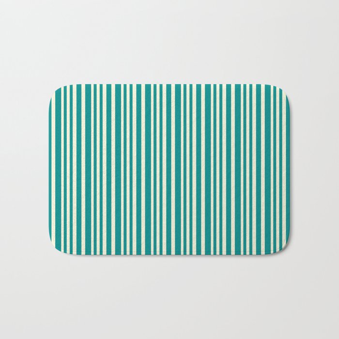 Beige and Dark Cyan Colored Lined Pattern Bath Mat