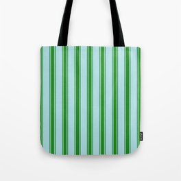 [ Thumbnail: Powder Blue and Forest Green Colored Stripes Pattern Tote Bag ]