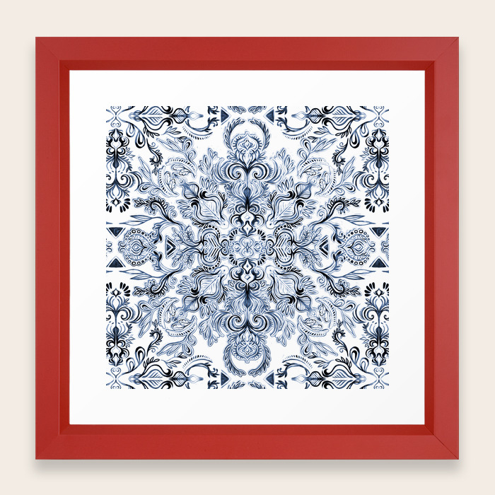 Indigo Navy Blue And White Calligraphy Doodle Pattern Framed Art Print By Micklyn Society6
