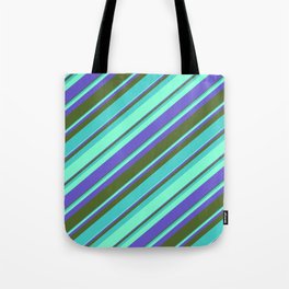 [ Thumbnail: Aquamarine, Slate Blue, Dark Olive Green, and Turquoise Colored Lines Pattern Tote Bag ]