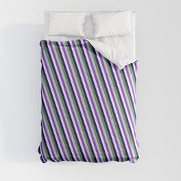 [ Thumbnail: Green, Powder Blue, Dark Orchid, White, and Dark Blue Colored Pattern of Stripes Comforter ]